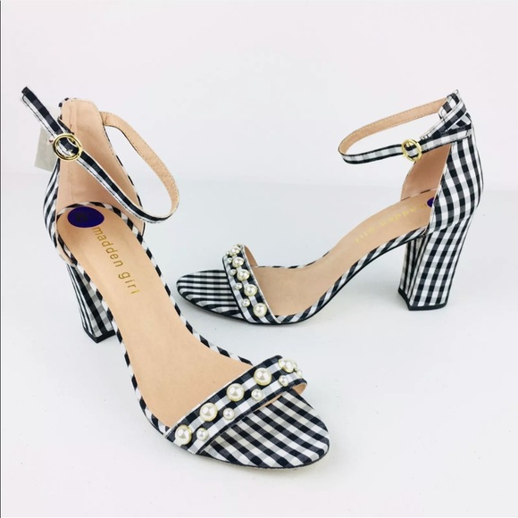 Madden Girl Shoes - Brand New Gingham Block Heel Sandal with pearl